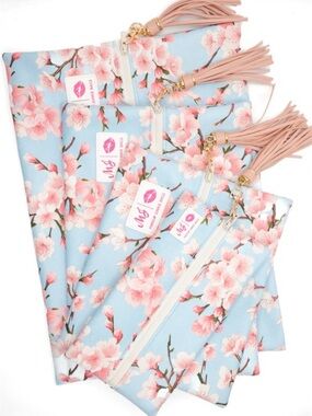 MG Floral Cherry Blossom Cosmetic Bag Set in Light Blue and Pink